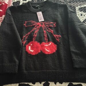 Black Sweater with Red Cherry Design